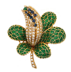 -Italian Mid Century 1960 Enamel Brooch In 18Kt Gold With 4.42 Ctw In Diamonds And Sapphires