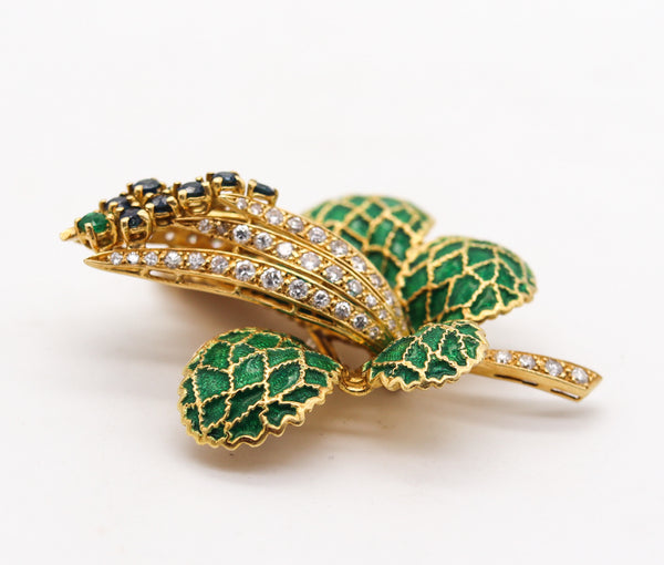 -Italian Mid Century 1960 Enamel Brooch In 18Kt Gold With 4.42 Ctw In Diamonds And Sapphires
