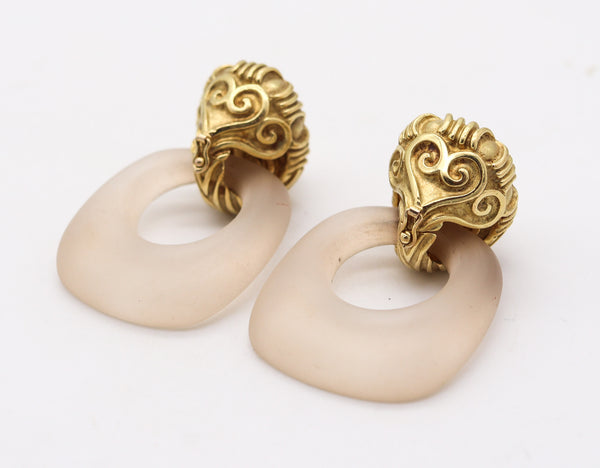 WANDER-FRANCE 1960 Doorknockers Dangle Earrings In 18Kt Gold & Rock Quartzes