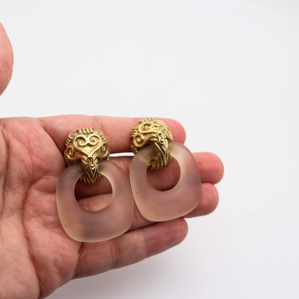 WANDER-FRANCE 1960 Doorknockers Dangle Earrings In 18Kt Gold & Rock Quartzes