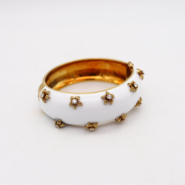 MODERNIST 1970 White Enameled Bangle In 18Kt Yellow Gold With Diamonds