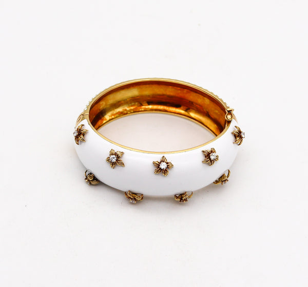 MODERNIST 1970 White Enameled Bangle In 18Kt Yellow Gold With Diamonds