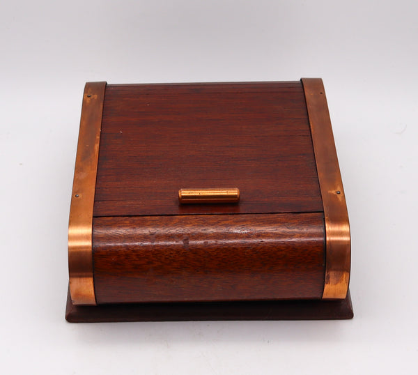 LANCEL PARIS 1937 Art Deco Mechanical Roller Desk Box Mahogany Wood & Copper