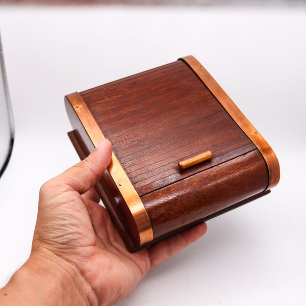 LANCEL PARIS 1937 Art Deco Mechanical Roller Desk Box Mahogany Wood & Copper