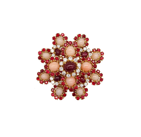 -Pery Et Fils 1960 Paris Pendant Brooch 18Kt Gold 22.53 Cts In Diamonds Rubies & Coral
