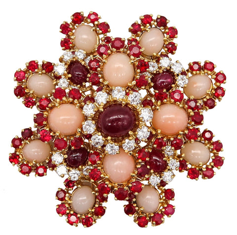 -Pery Et Fils 1960 Paris Pendant Brooch In 18Kt Gold 20.08 Cts In Diamonds Rubies And Coral