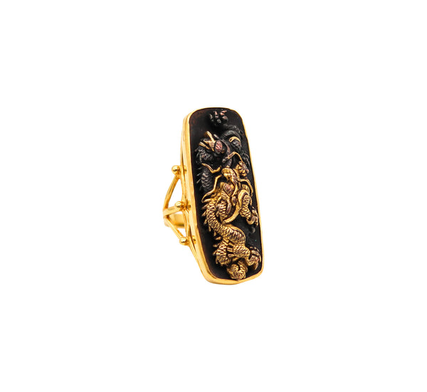 JAPAN Meiji Menuki Ring With Shakudo In 14Kt Yellow Gold 24Kt Gold And Bronze