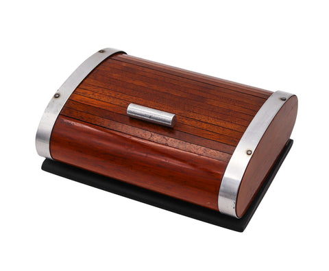 LANCEL PARIS 1937 Art Deco Mechanical Roller Desk Box In Wood & Chrome Steel