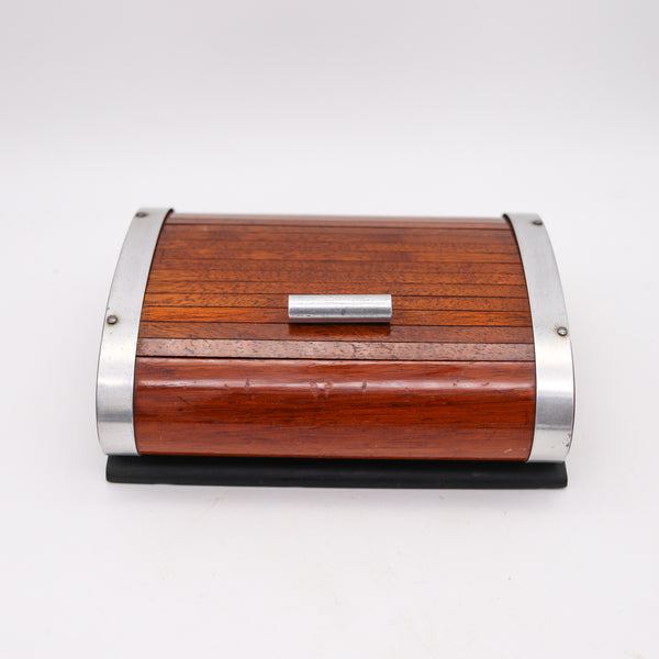 LANCEL PARIS 1937 Art Deco Mechanical Roller Desk Box In Wood & Chrome Steel