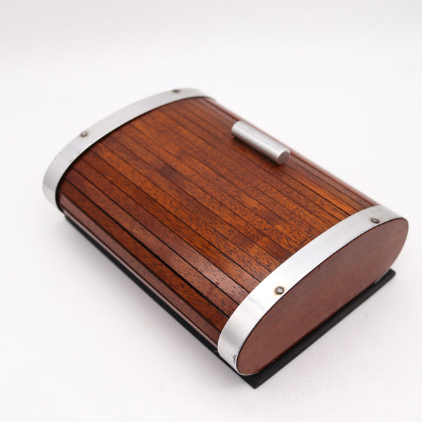 LANCEL PARIS 1937 Art Deco Mechanical Roller Desk Box In Wood & Chrome Steel