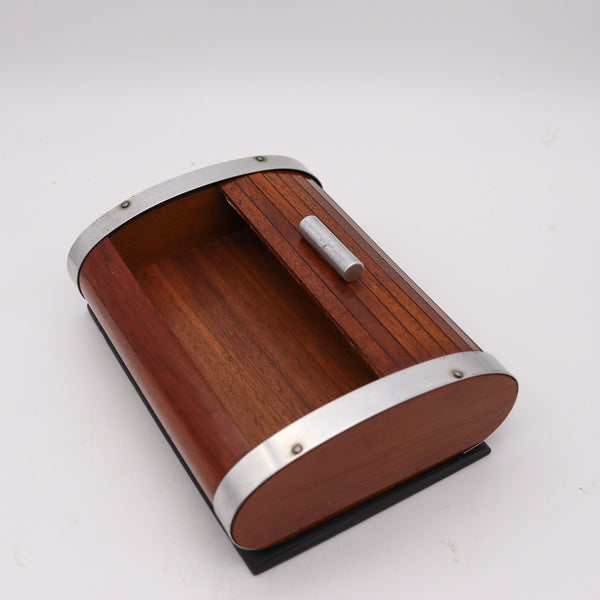 LANCEL PARIS 1937 Art Deco Mechanical Roller Desk Box In Wood & Chrome Steel