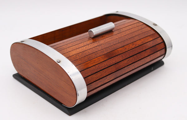 LANCEL PARIS 1937 Art Deco Mechanical Roller Desk Box In Wood & Chrome Steel