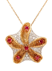 -French 1960 Starfish Pendant Brooch Platinum 18Kt Gold 6.72 Ctw Diamonds And Rubies