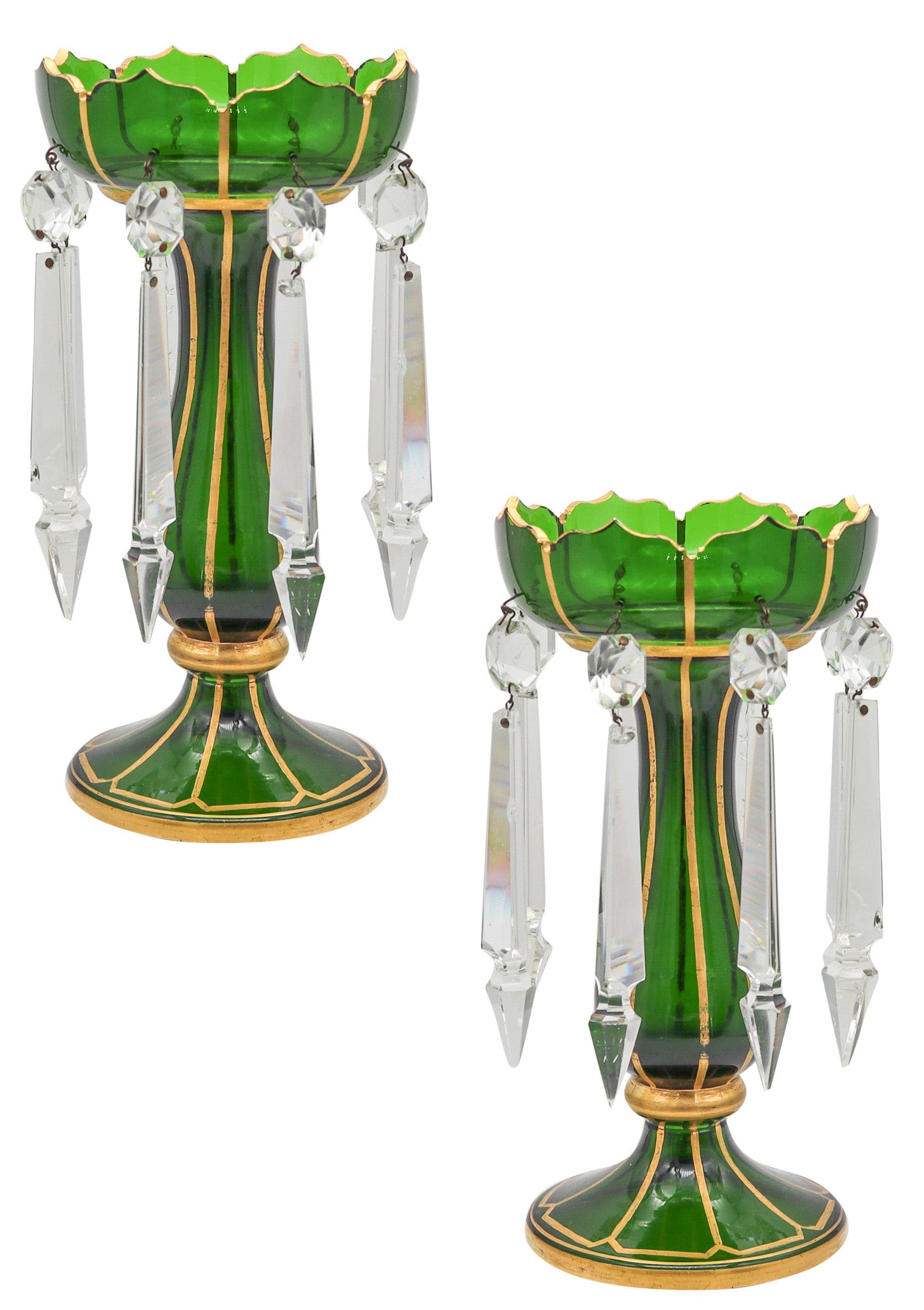 BOHEMIAN 1890 Pair of Lusters In Green Glass With Gold And Cut Glass Prisms