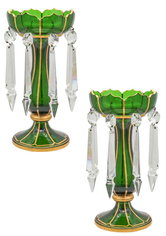 BOHEMIAN 1890 Pair of Lusters In Green Glass With Gold And Cut Glass Prisms