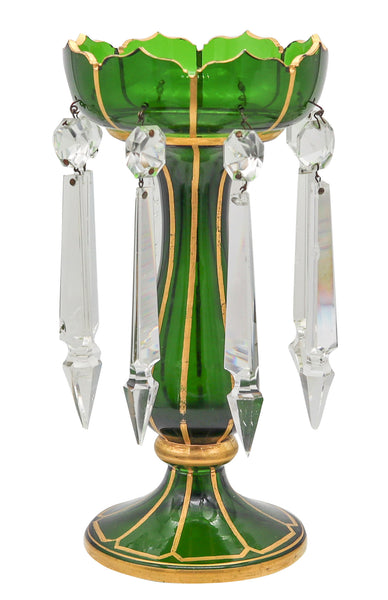 BOHEMIAN 1890 Pair of Lusters In Green Glass With Gold And Cut Glass Prisms