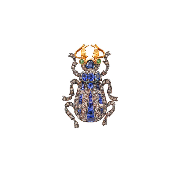 -Edwardian Art Nouveau 1900 Scarab Brooch Silver And 7.29 Ctw Sapphires And Diamonds