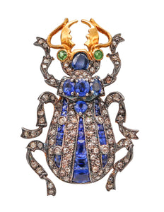 -Edwardian Art Nouveau 1900 Scarab Brooch Silver And 7.29 Ctw Sapphires And Diamonds