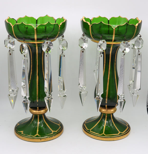 BOHEMIAN 1890 Pair of Lusters In Green Glass With Gold And Cut Glass Prisms