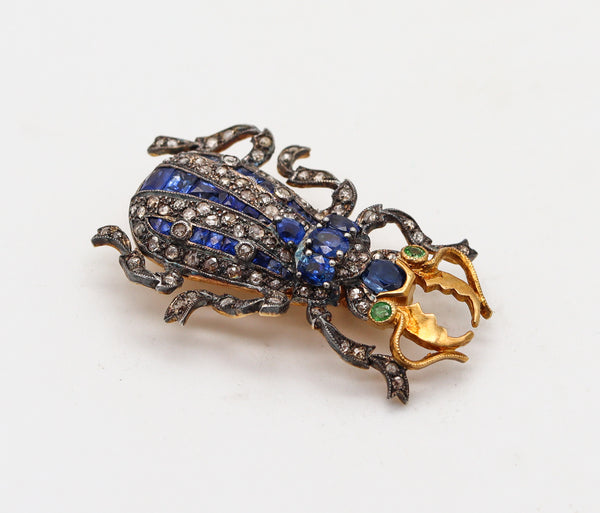 -Edwardian Art Nouveau 1900 Scarab Brooch Silver And 7.29 Ctw Sapphires And Diamonds