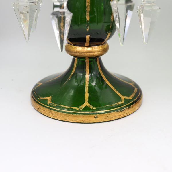 BOHEMIAN 1890 Pair of Lusters In Green Glass With Gold And Cut Glass Prisms