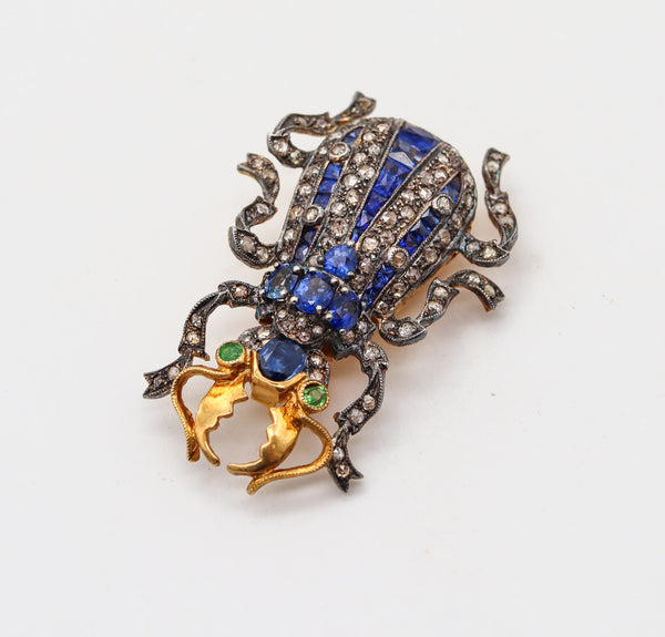 -Edwardian Art Nouveau 1900 Scarab Brooch Silver And 7.29 Ctw Sapphires And Diamonds