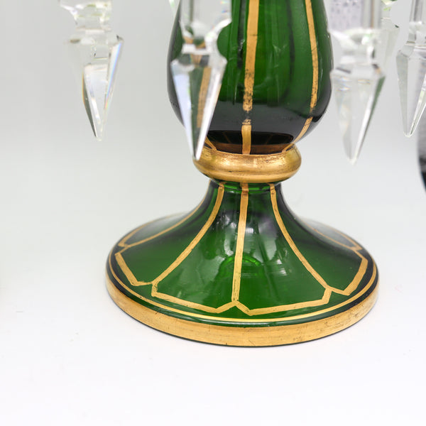 BOHEMIAN 1890 Pair of Lusters In Green Glass With Gold And Cut Glass Prisms