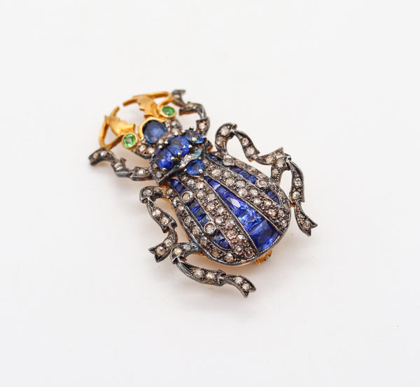 -Edwardian Art Nouveau 1900 Scarab Brooch Silver And 7.29 Ctw Sapphires And Diamonds