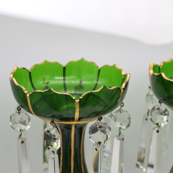 BOHEMIAN 1890 Pair of Lusters In Green Glass With Gold And Cut Glass Prisms
