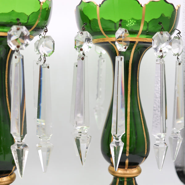 BOHEMIAN 1890 Pair of Lusters In Green Glass With Gold And Cut Glass Prisms