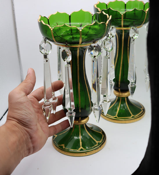BOHEMIAN 1890 Pair of Lusters In Green Glass With Gold And Cut Glass Prisms