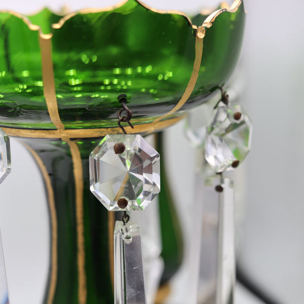 BOHEMIAN 1890 Pair of Lusters In Green Glass With Gold And Cut Glass Prisms