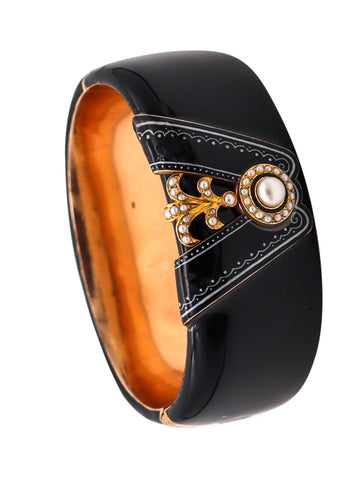 -FRIEDRICH DRAXLER 1880 Victorian Black Enameled Bangle In 14Kt Gold With Pearls