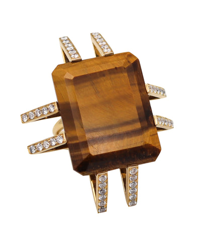 FRENCH Modernist Geometric Ring In 18Kt Gold With 52.40 Ctw Diamonds & Tiger Eye