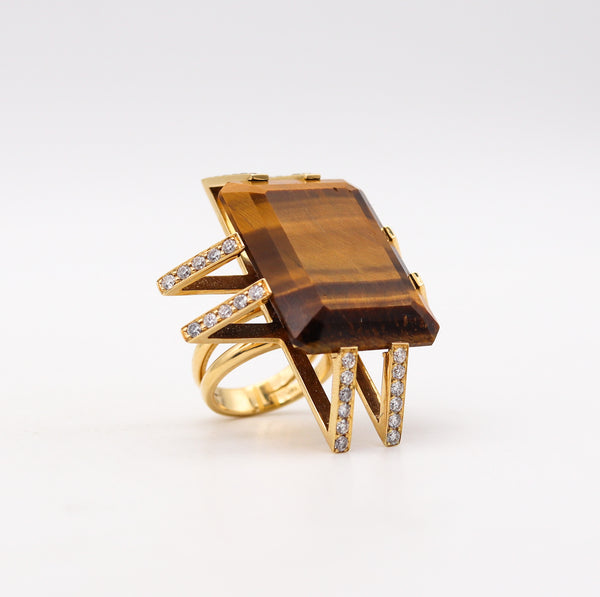 FRENCH Modernist Geometric Ring In 18Kt Gold With 52.40 Ctw Diamonds & Tiger Eye