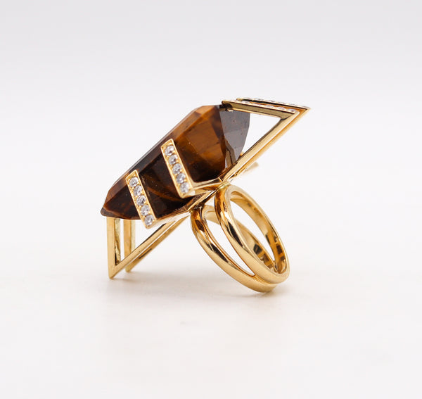 FRENCH Modernist Geometric Ring In 18Kt Gold With 52.40 Ctw Diamonds & Tiger Eye