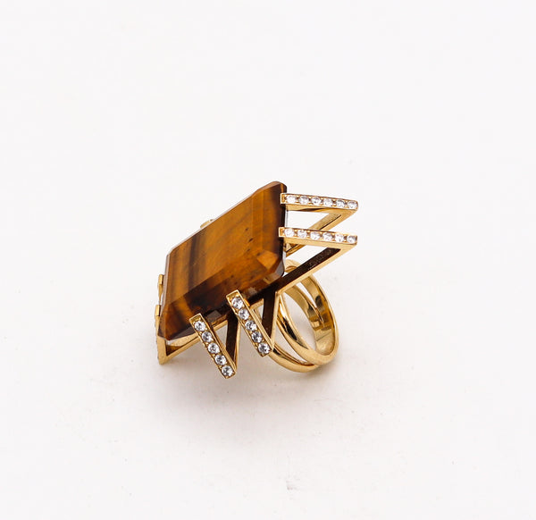 FRENCH Modernist Geometric Ring In 18Kt Gold With 52.40 Ctw Diamonds & Tiger Eye