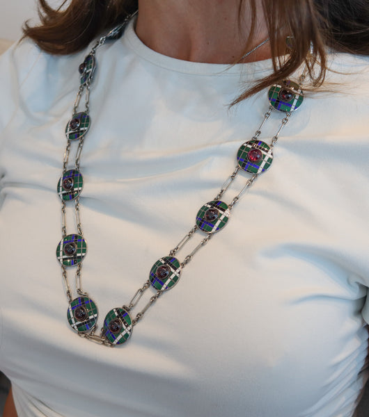 BURBERRY Modernist 1960 Cloisonné Enamel Belt Collar In Sterling Silver & Garnets