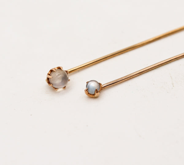 -Edwardian 1910 Pair of Stick Pins In 14Kt Yellow Gold with Cat's Eye Moonstones