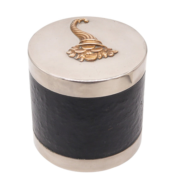 HERMES PARIS 1940 Desk Round Box In Gilt Bronze Nickel Plated & Leather