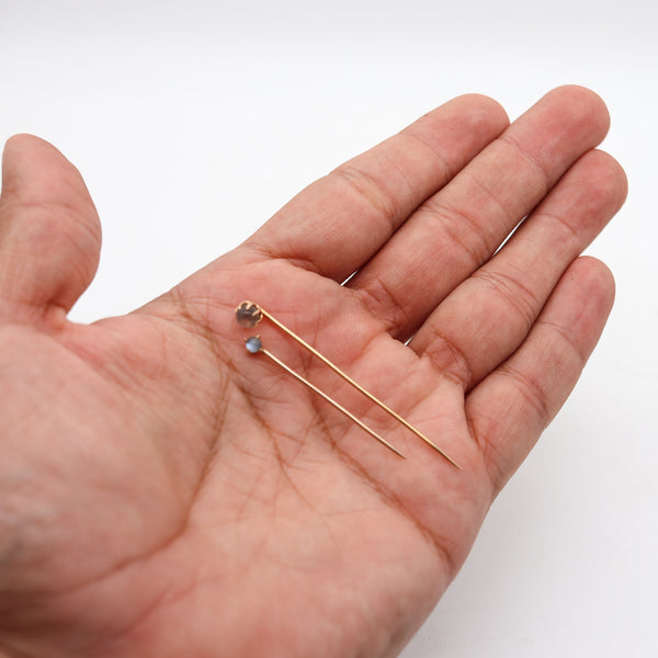 -Edwardian 1910 Pair of Stick Pins In 14Kt Yellow Gold with Cat's Eye Moonstones
