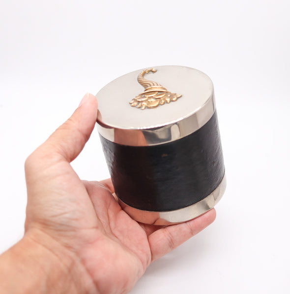 HERMES PARIS 1940 Desk Round Box In Gilt Bronze Nickel Plated & Leather