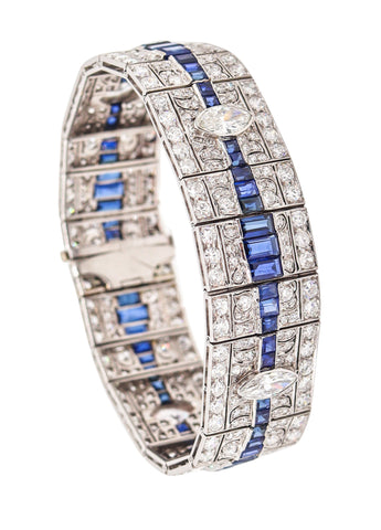 CARTIER 1930 Art-Deco Bracelet In Platinum With Diamonds & Sapphires In Box