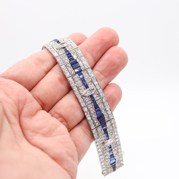 CARTIER 1930 Art-Deco Bracelet In Platinum With Diamonds & Sapphires In Box