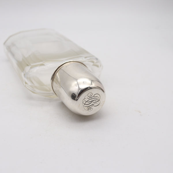 AMERICAN 1920 Art Deco Skyscraper Liquor Flask In Cut Glass & 925 Sterling Silver