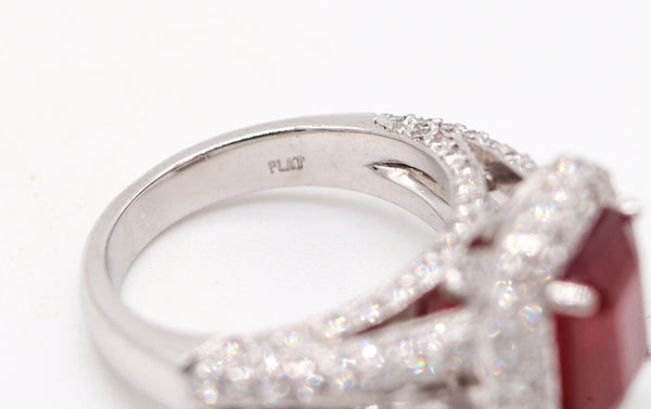 PLATINUM Classic Cocktail Ring With 4.84 Ctw In Vivid Red Ruby And VS Diamonds