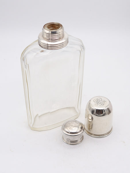 AMERICAN 1920 Art Deco Skyscraper Liquor Flask In Cut Glass & 925 Sterling Silver