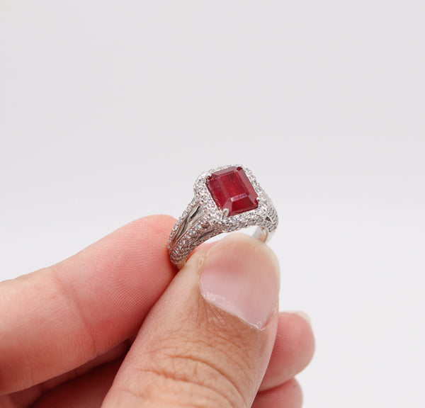 PLATINUM Classic Cocktail Ring With 4.84 Ctw In Vivid Red Ruby And VS Diamonds