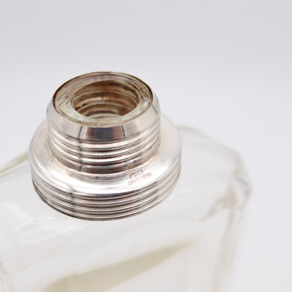 AMERICAN 1920 Art Deco Skyscraper Liquor Flask In Cut Glass & 925 Sterling Silver