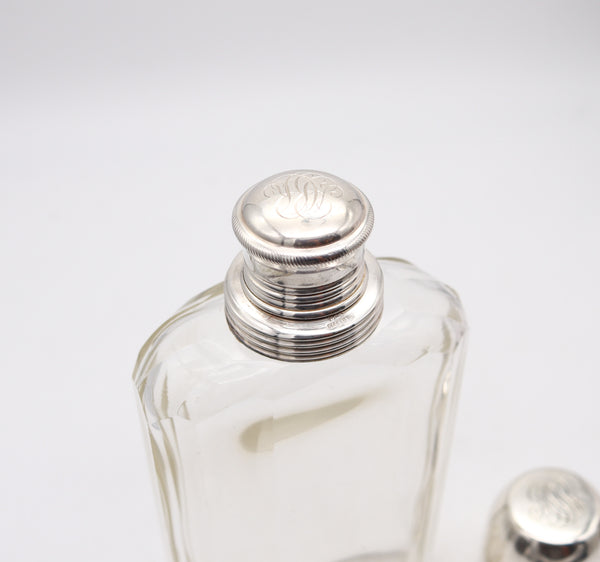 AMERICAN 1920 Art Deco Skyscraper Liquor Flask In Cut Glass & 925 Sterling Silver